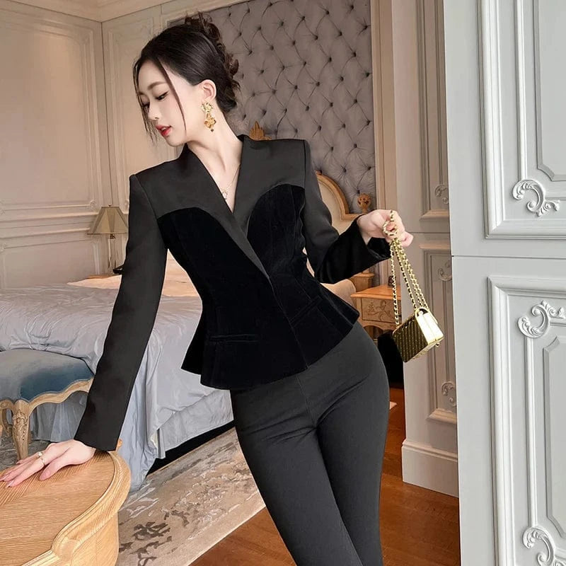 ZYHT 9723 Velvet Patchwork Slim Fit Women's Blazer and Coat Black Ladies' Stylish and Versatile Outerwear