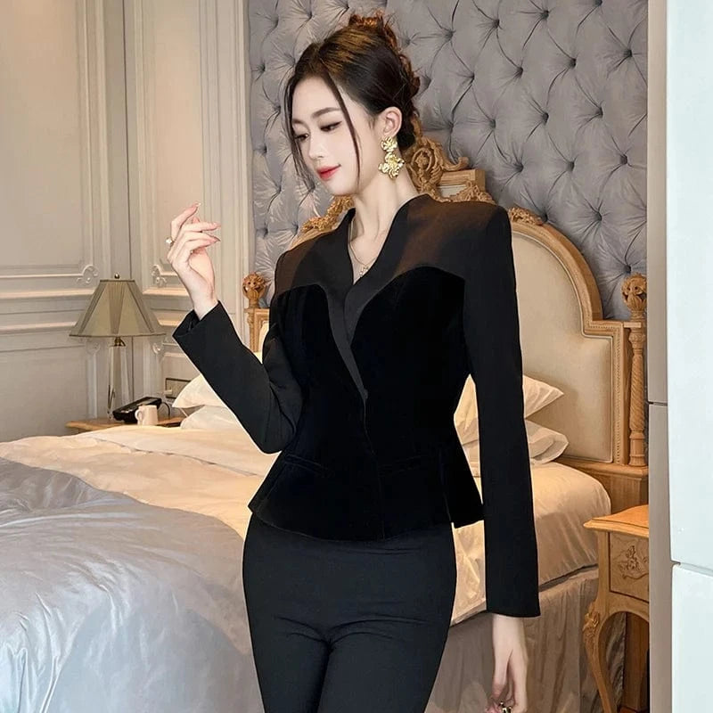 ZYHT 9723 Velvet Patchwork Slim Fit Women's Blazer and Coat Black Ladies' Stylish and Versatile Outerwear