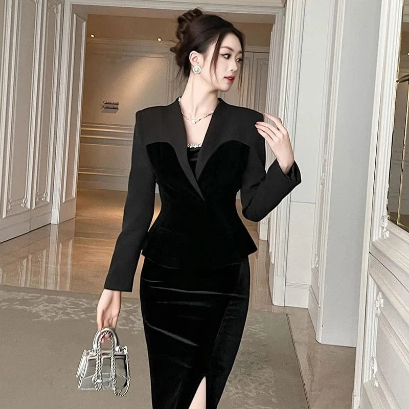 ZYHT 9723 Velvet Patchwork Slim Fit Women's Blazer and Coat Black Ladies' Stylish and Versatile Outerwear