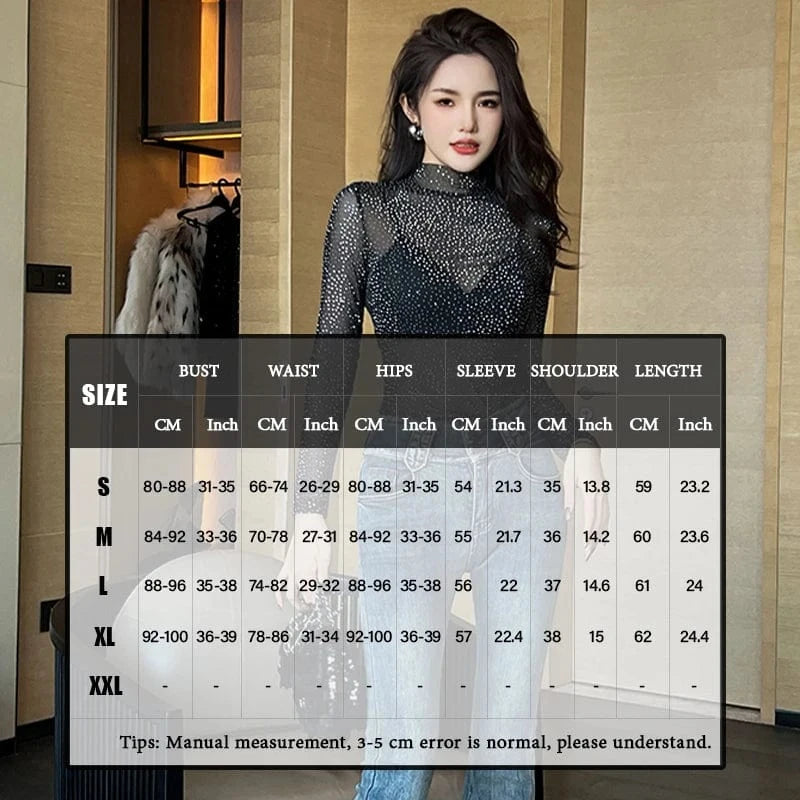 ZYHT 9726 Rhinestone Embellished Shiny Black Women's Mesh See-Through Top Mock Neck Transparent Blouse & Shirt