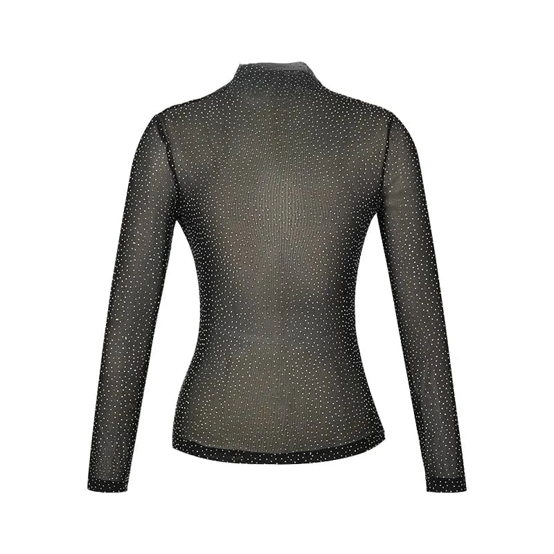 ZYHT 9726 Rhinestone Embellished Shiny Black Women's Mesh See-Through Top Mock Neck Transparent Blouse & Shirt
