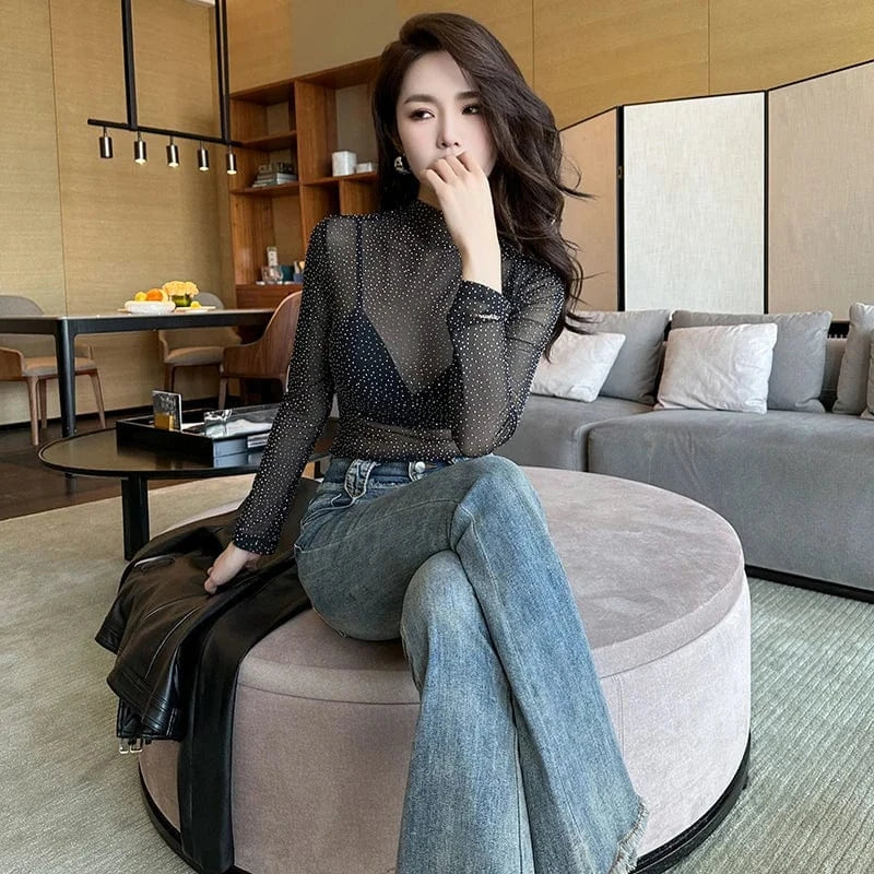 ZYHT 9726 Rhinestone Embellished Shiny Black Women's Mesh See-Through Top Mock Neck Transparent Blouse & Shirt