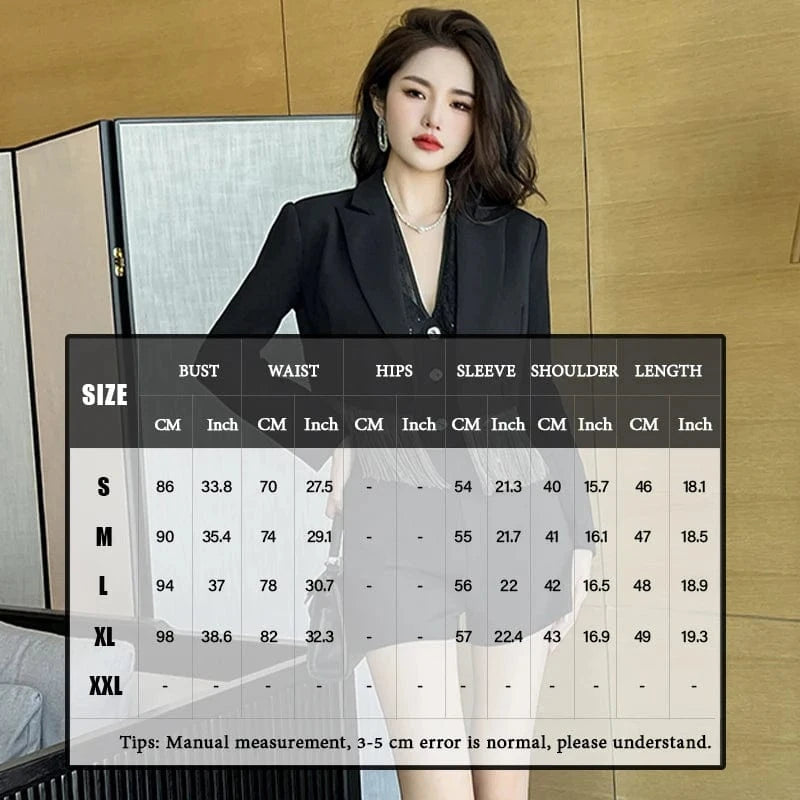 ZYHT 9739 Lapel Collar Short Slim Waist Business Overcoat Elegant Casual Tassel Patchwork Blazer in Black