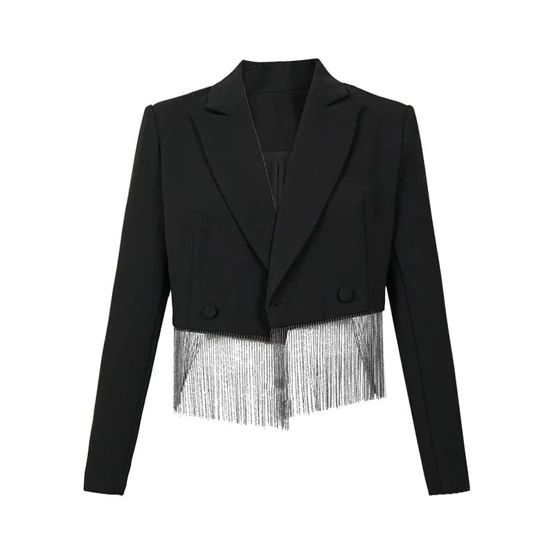 ZYHT 9739 Lapel Collar Short Slim Waist Business Overcoat Elegant Casual Tassel Patchwork Blazer in Black