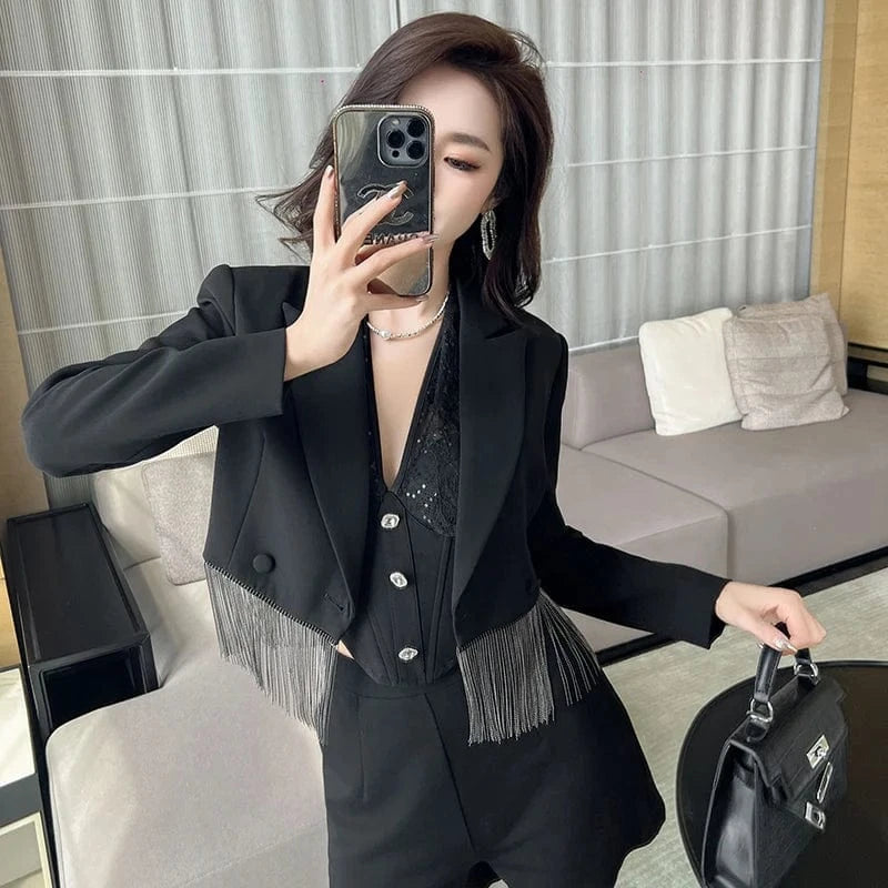 ZYHT 9739 Lapel Collar Short Slim Waist Business Overcoat Elegant Casual Tassel Patchwork Blazer in Black