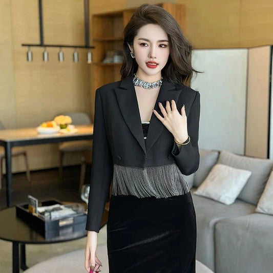 ZYHT 9739 Lapel Collar Short Slim Waist Business Overcoat Elegant Casual Tassel Patchwork Blazer in Black