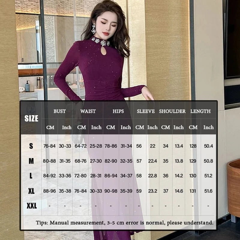 ZYHT Women's High Neck Pleated Tight Mermaid Dress Long Sleeve Sexy Mesh Rhinestone Bodycon Cut-Out Casual Dress