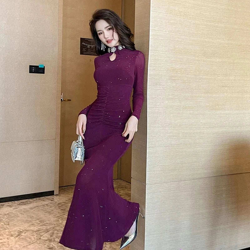 ZYHT Women's High Neck Pleated Tight Mermaid Dress Long Sleeve Sexy Mesh Rhinestone Bodycon Cut-Out Casual Dress