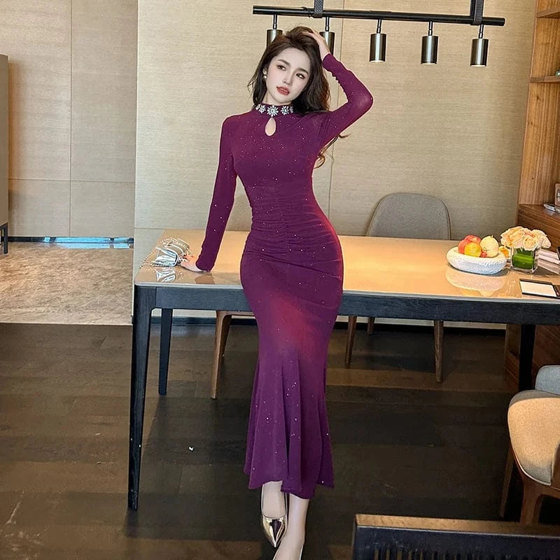 ZYHT Women's High Neck Pleated Tight Mermaid Dress Long Sleeve Sexy Mesh Rhinestone Bodycon Cut-Out Casual Dress