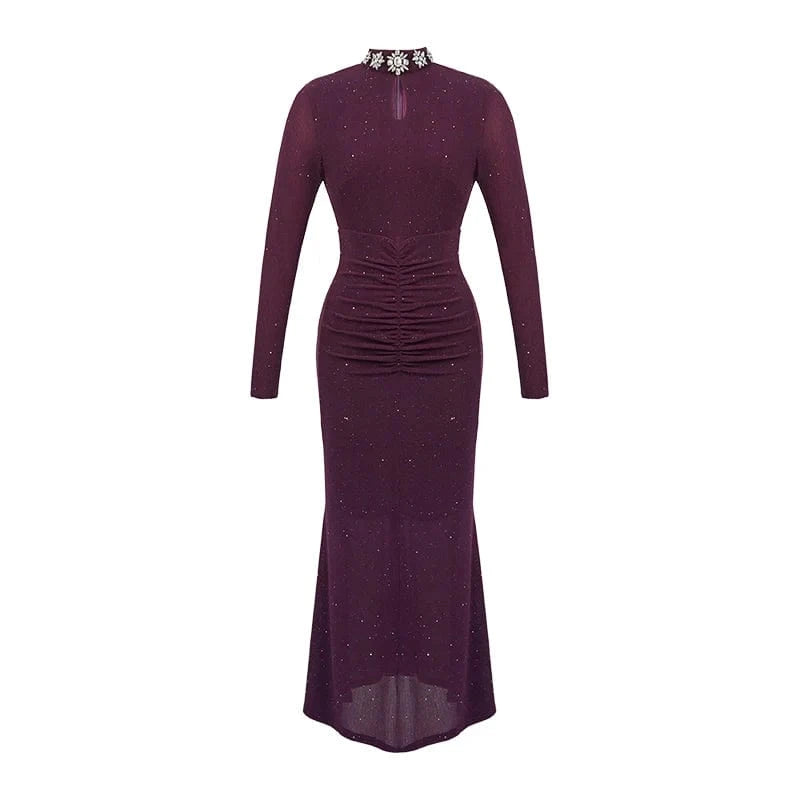 ZYHT Women's High Neck Pleated Tight Mermaid Dress Long Sleeve Sexy Mesh Rhinestone Bodycon Cut-Out Casual Dress