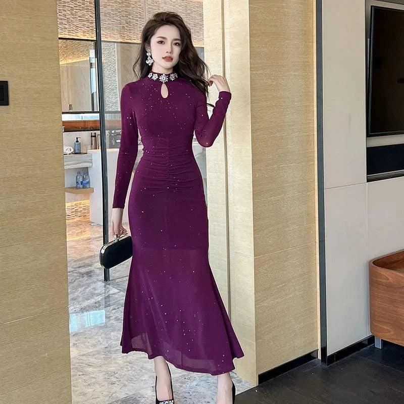 ZYHT Women's High Neck Pleated Tight Mermaid Dress Long Sleeve Sexy Mesh Rhinestone Bodycon Cut-Out Casual Dress